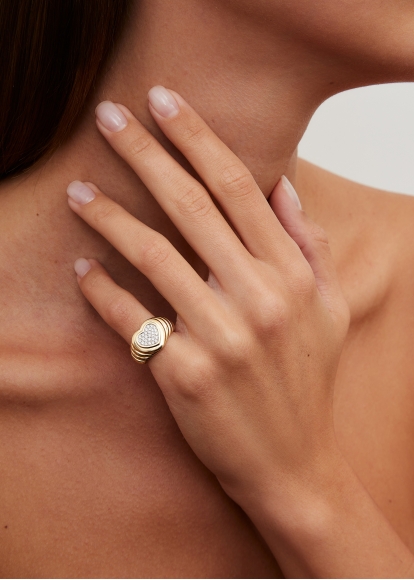 MINI BAGUE COEUR GODRONS DIAMANTS OR JAUNE