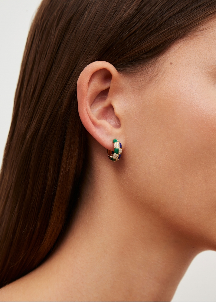 PAIRE DE MINI CRÉOLES DAMIER MALACHITE & LAPIS LAZULI OR JAUNE