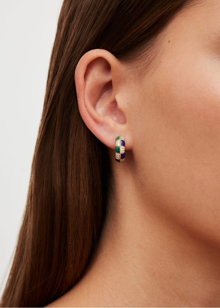 PAIRE DE MINI CRÉOLES DAMIER MALACHITE & LAPIS LAZULI OR JAUNE