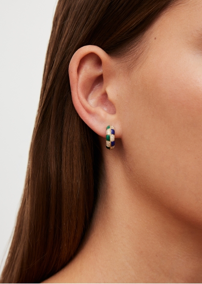 PAIRE DE MINI CRÉOLES DAMIER MALACHITE & LAPIS LAZULI OR JAUNE