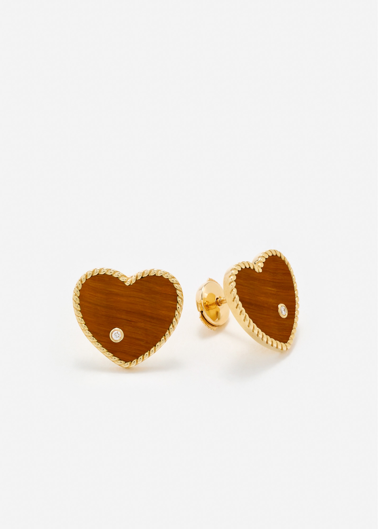 PAIRE DE PUCES COEUR OEIL DE TIGRE OR JAUNE
