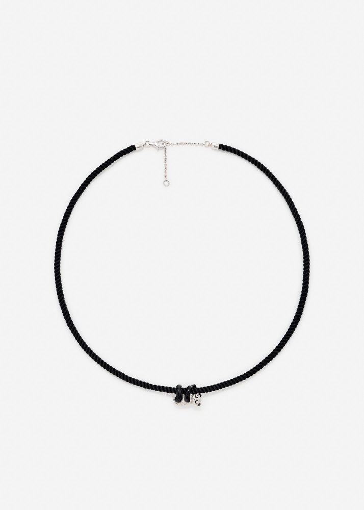 COLLIER CORDE NOIR PANDA DIAMANTS OR BLANC