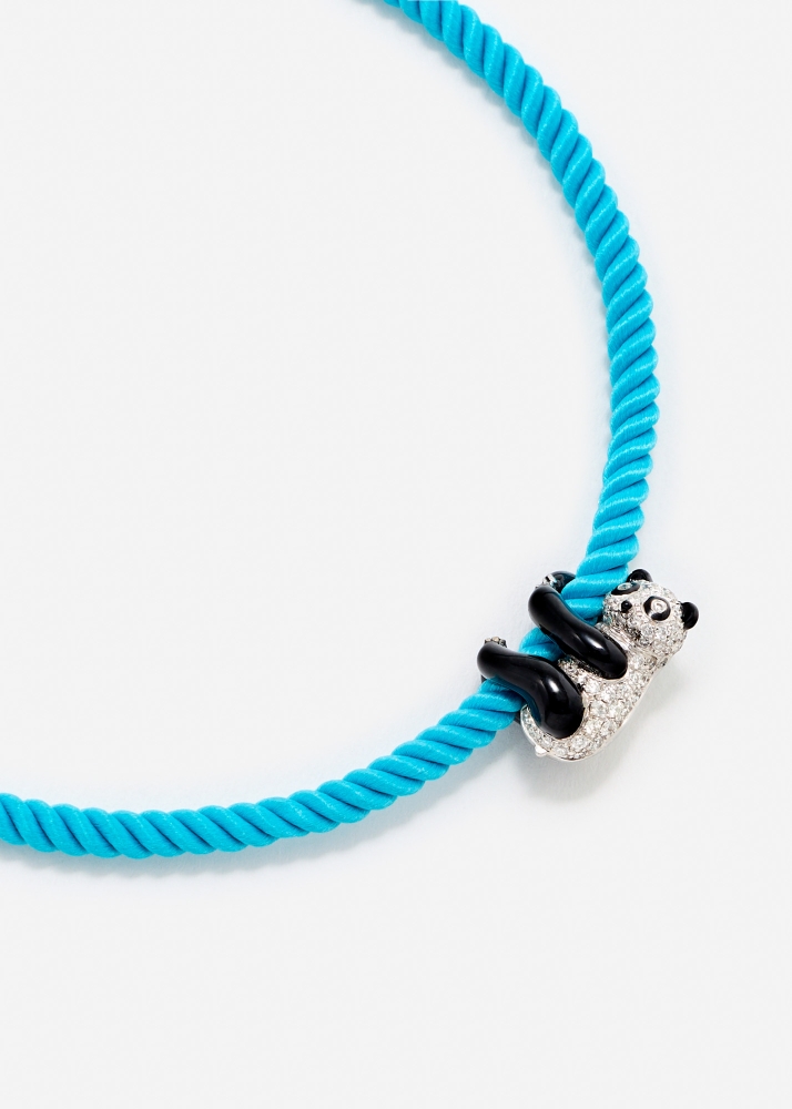 BRACELET CORDE TURQUOISE PANDA DIAMANTS OR BLANC