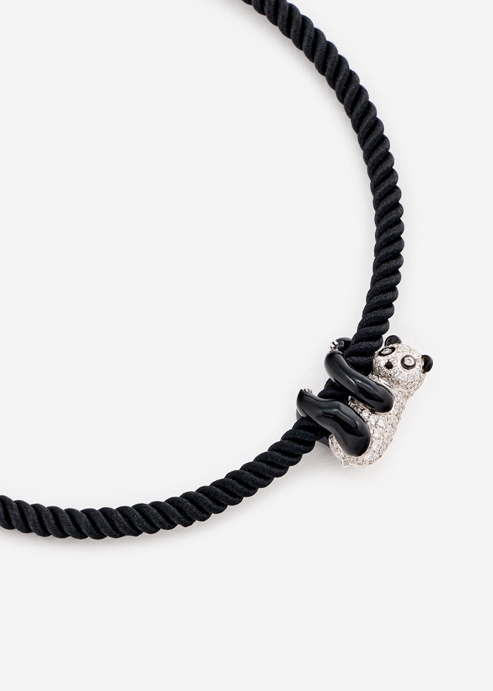 BRACELET CORDE NOIR PANDA DIAMANTS OR BLANC