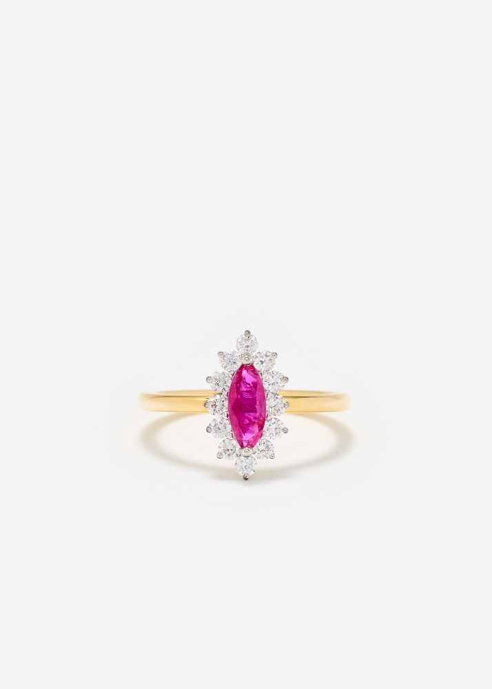 BAGUE POMPADOUR MARQUISE RUBIS OR JAUNE