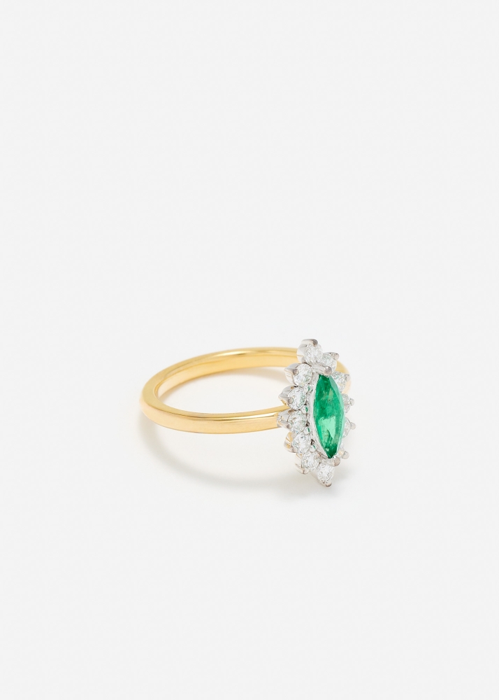 BAGUE POMPADOUR MARQUISE ÉMERAUDE OR JAUNE