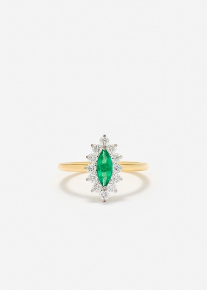 BAGUE POMPADOUR MARQUISE ÉMERAUDE OR JAUNE