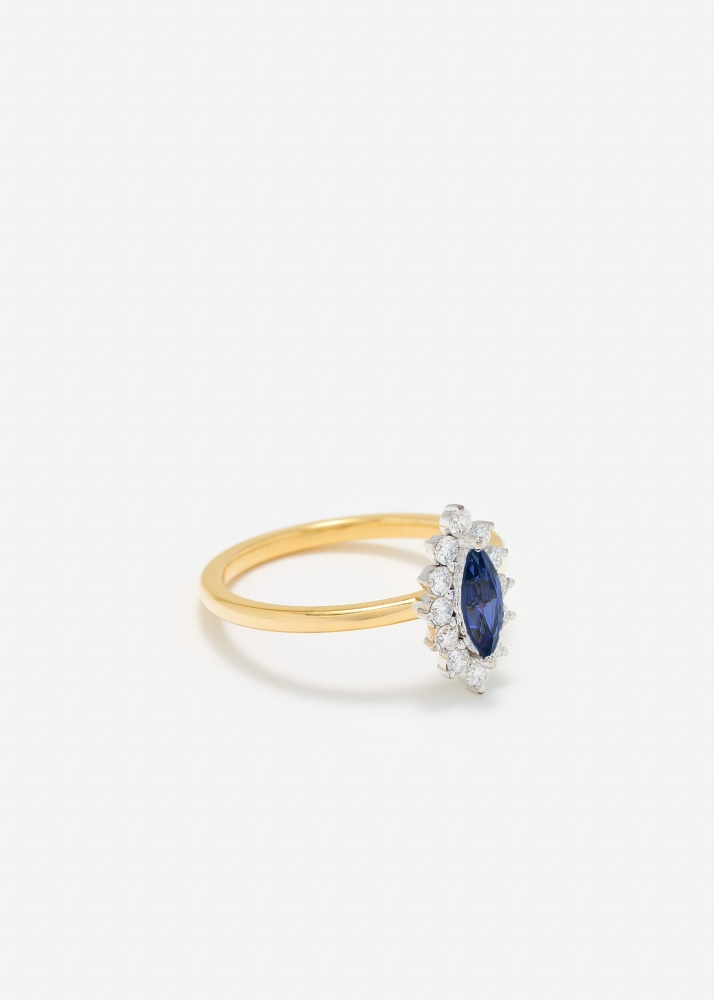 BAGUE POMPADOUR MARQUISE SAPHIR BLEU OR JAUNE