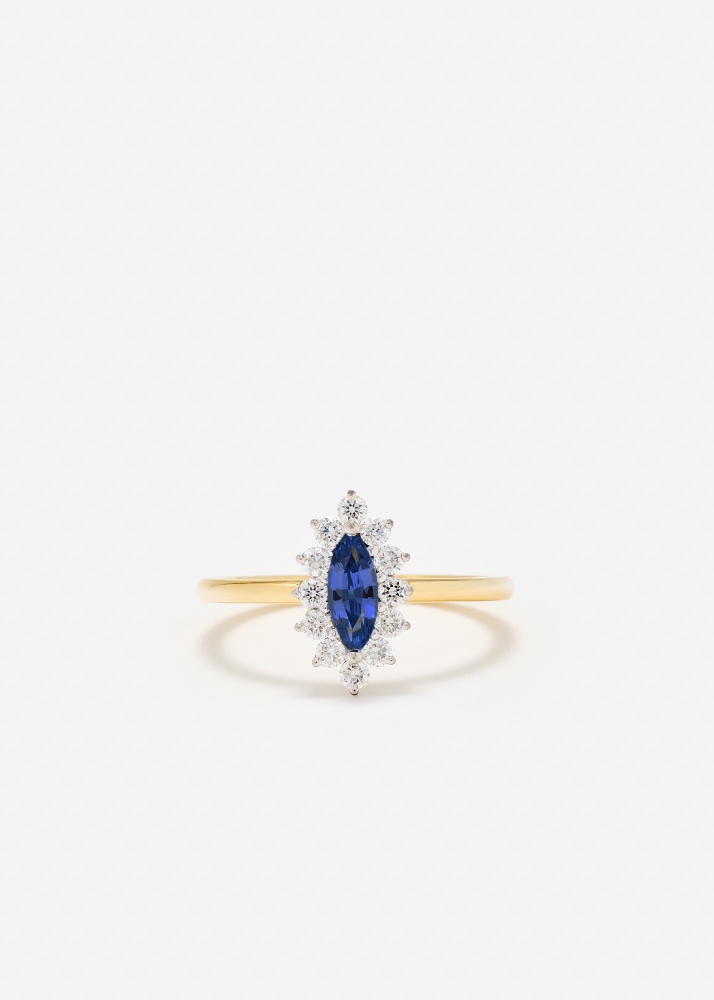 BAGUE POMPADOUR MARQUISE SAPHIR BLEU OR JAUNE