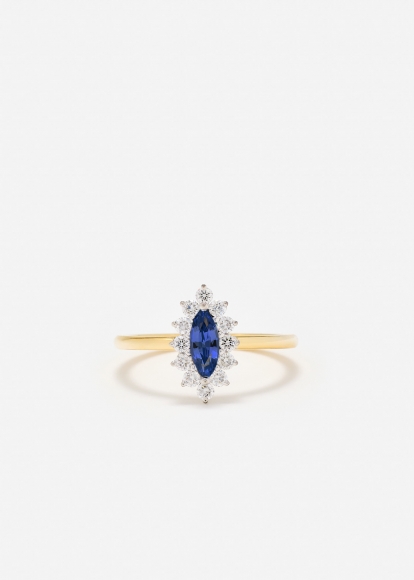 BAGUE POMPADOUR MARQUISE SAPHIR BLEU OR JAUNE