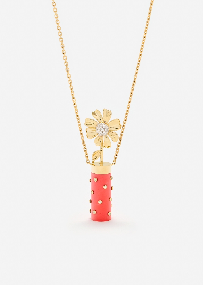 COLLIER PETIT VASE PLUMETIS CORAIL OR JAUNE