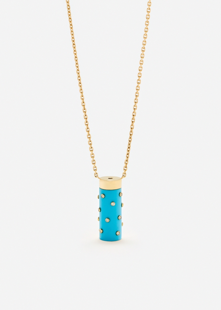 COLLIER PETIT VASE PLUMETIS TURQUOISE OR JAUNE