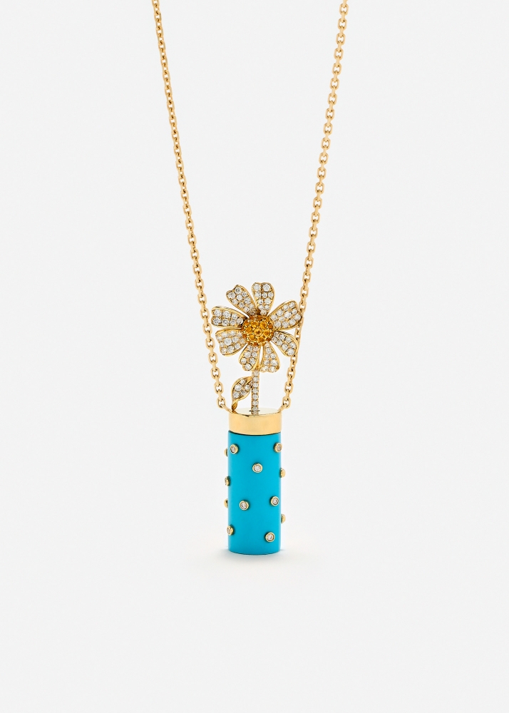 COLLIER PETIT VASE PLUMETIS TURQUOISE OR JAUNE