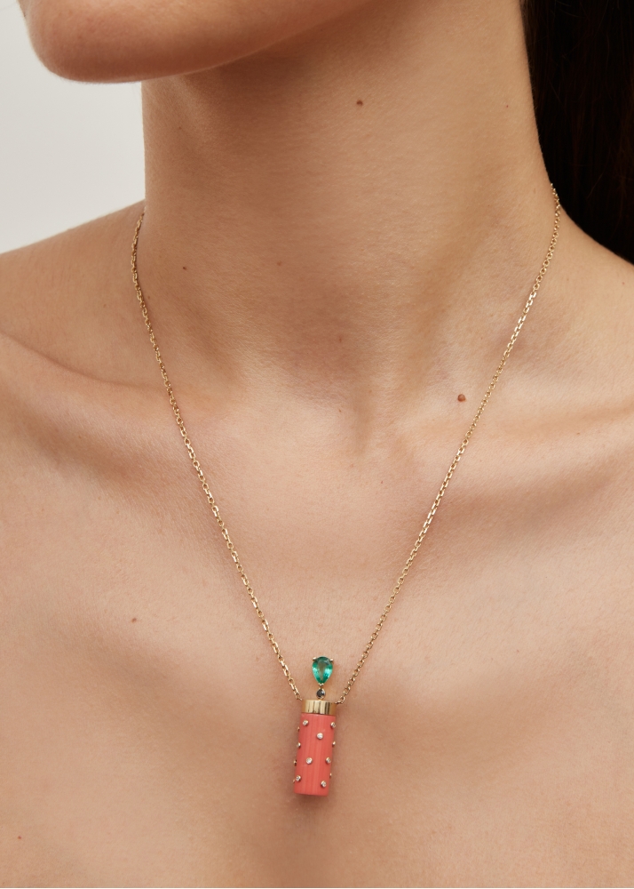 COLLIER PETIT VASE PLUMETIS CORAIL OR JAUNE