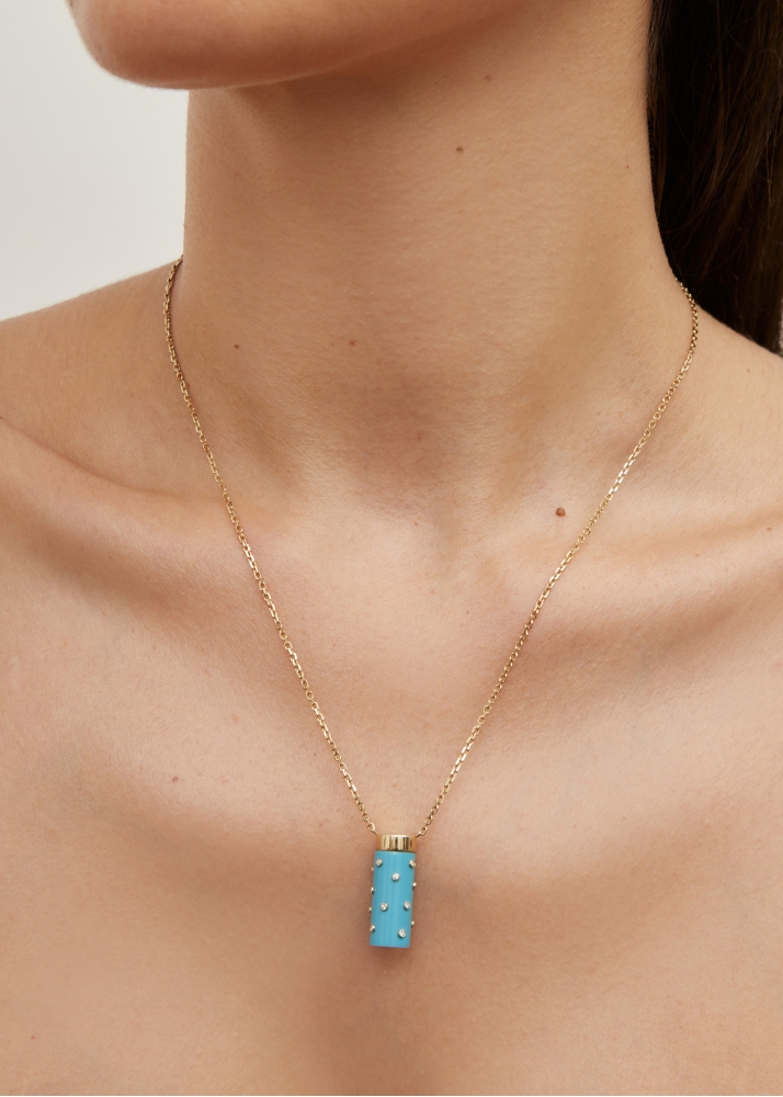 COLLIER PETIT VASE PLUMETIS TURQUOISE OR JAUNE