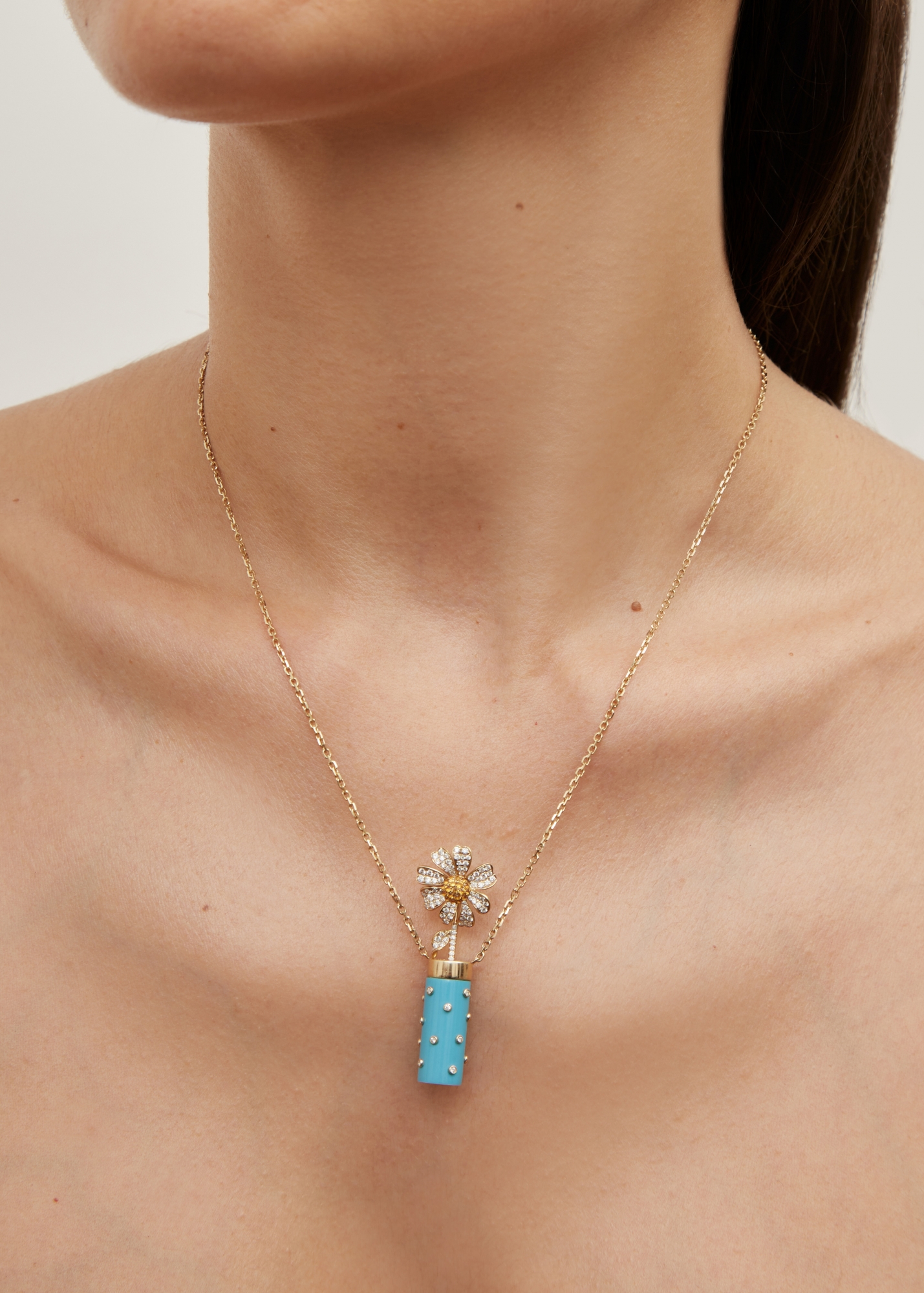 COLLIER PETIT VASE PLUMETIS TURQUOISE OR JAUNE