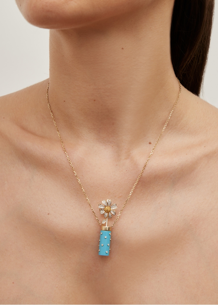 COLLIER PETIT VASE PLUMETIS TURQUOISE OR JAUNE