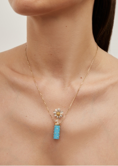 COLLIER PETIT VASE PLUMETIS TURQUOISE OR JAUNE