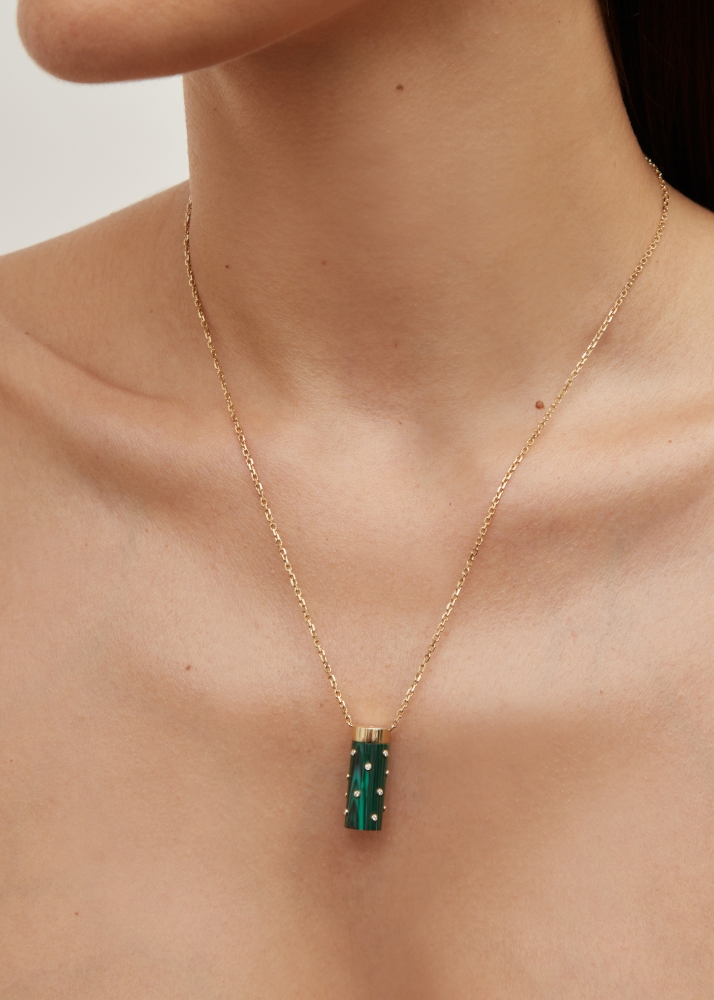 COLLIER PETIT VASE PLUMETIS MALACHITE OR JAUNE