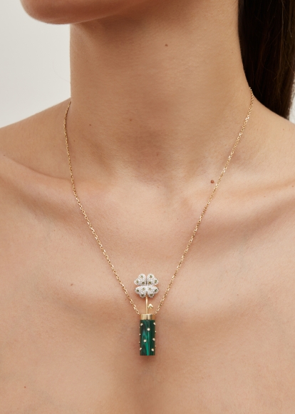 COLLIER PETIT VASE PLUMETIS MALACHITE OR JAUNE