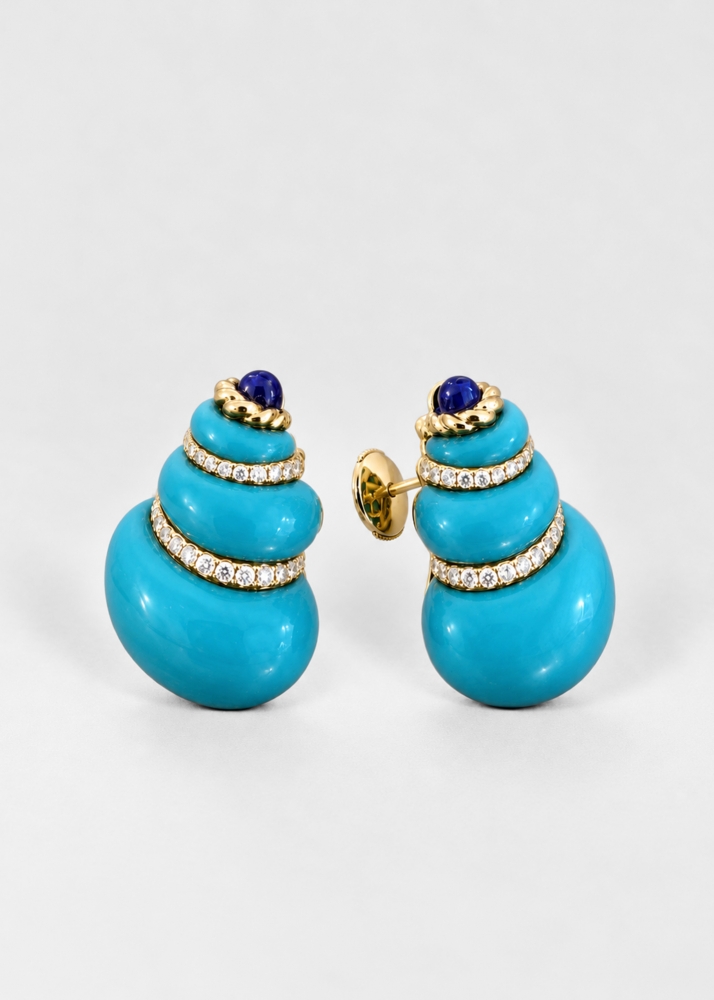 PAIRE DE BOUCLES D’OREILLE COQUILLAGE TURQUOISE OR JAUNE
