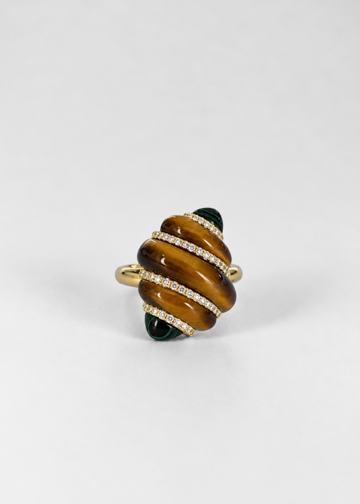 BAGUE COQUILLAGE OEIL DE TIGRE OR JAUNE