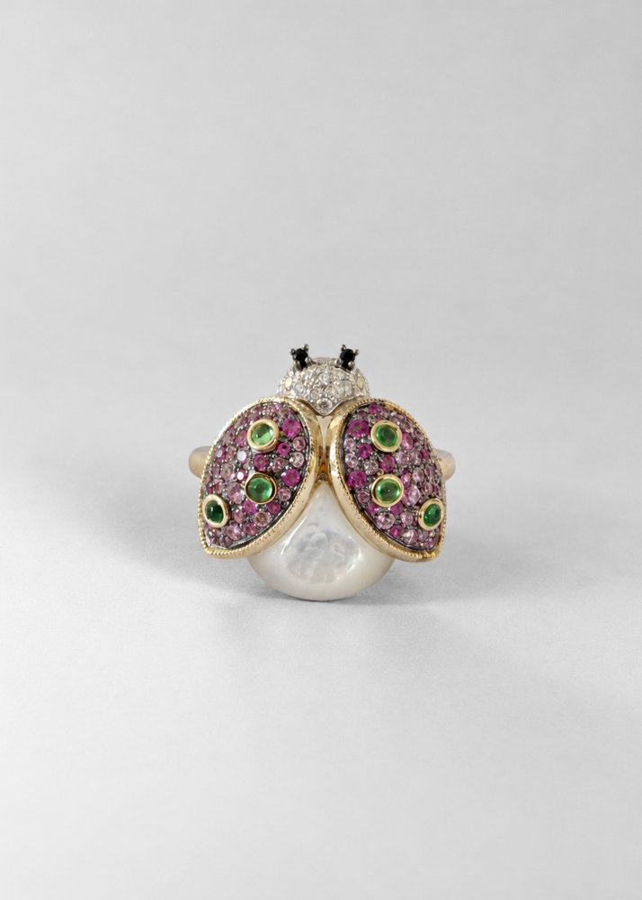 BAGUE LADY COCCINELLE ROSE OR JAUNE