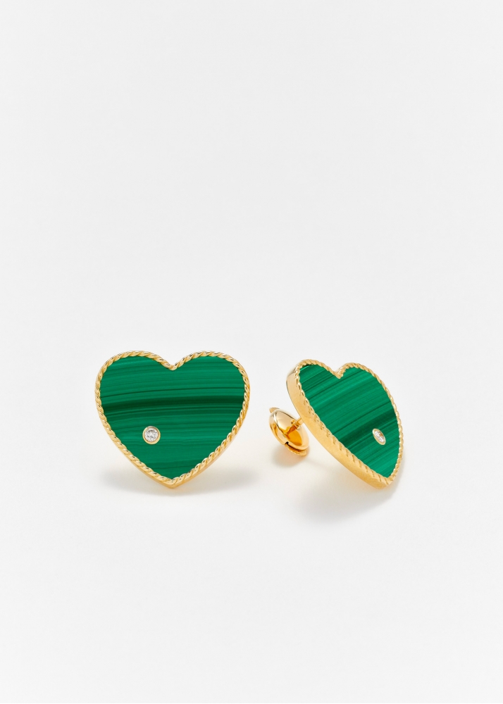PAIRE DE MAXI PUCES COEUR MALACHITE OR JAUNE