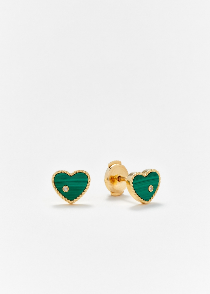 PAIRE DE PUCES BABY COEUR MALACHITE OR JAUNE