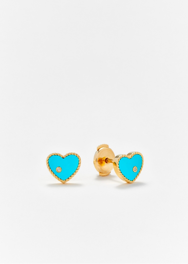 PAIRE DE BABY PUCES COEUR TURQUOISE OR JAUNE