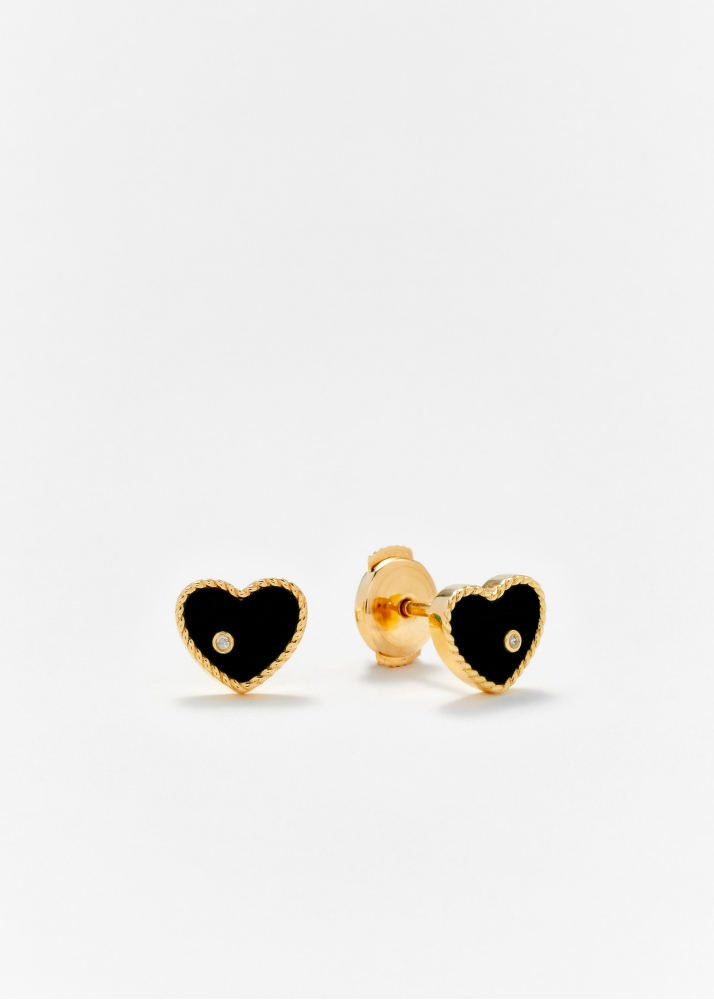 PAIRE DE PUCES BABY COEUR ONYX OR JAUNE