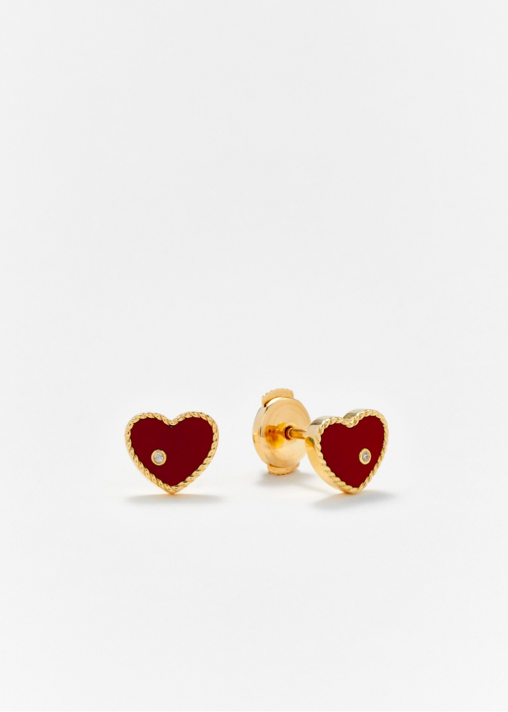 PAIRE DE PUCES BABY COEUR AGATE ROUGE OR JAUNE